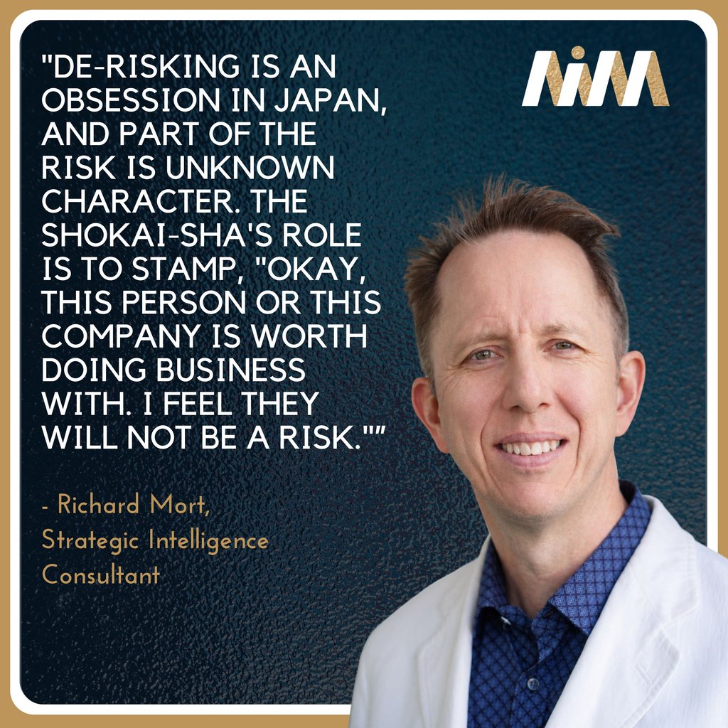 Quote card: Richard Mort, Strategic Intelligence Consultant, on de-risking in Japan and the shokai-sha's role in vouching